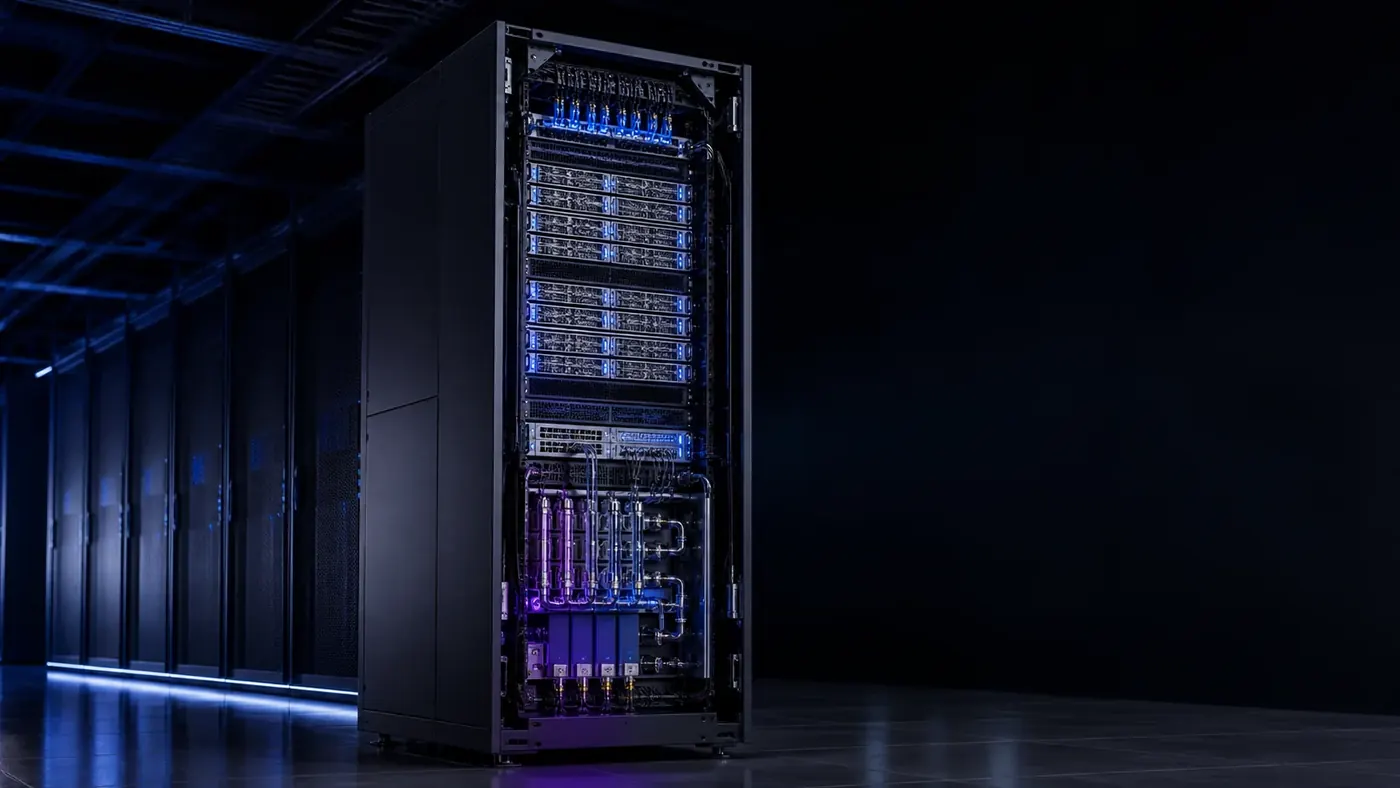Konzept eines vollständig ausgestatteten flüssigkeitsgekühlten KI-Server-Racks