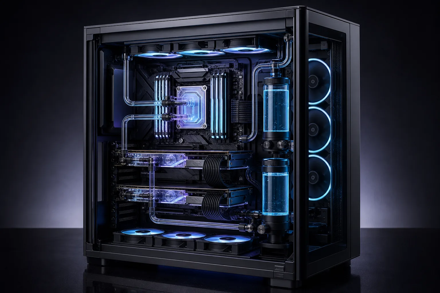 Konzept einer beleuchteten Dual-GPU-Workstation mit Wasserkühlung