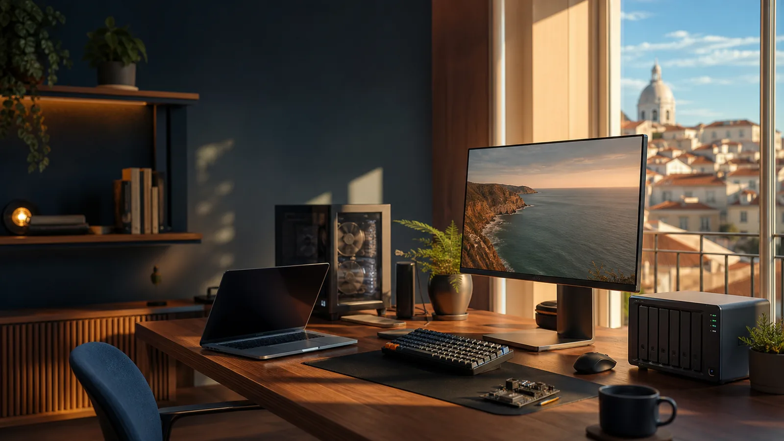 Freundlicher moderner Arbeitsplatz mit Computer, Hardware und Blick auf Lissabon
