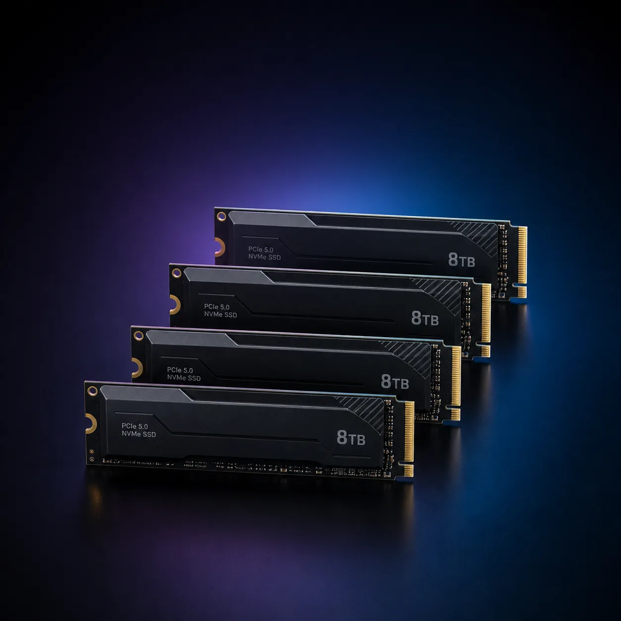 Vier vollständig sichtbare PCIe-5.0-NVMe-SSDs mit jeweils 8 TB